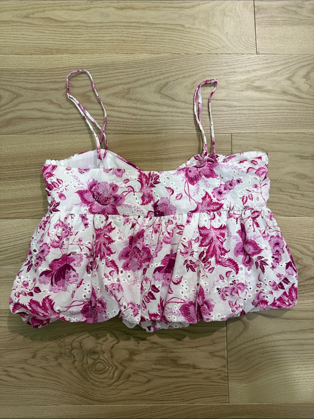 Zara White and Pink Floral Eyelet Spaghetti-Strap Top - Picture 6 of 10